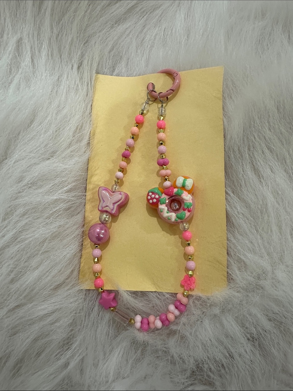 Pink Beaded Key & Card Holder with Butterfly and Donut Charms
